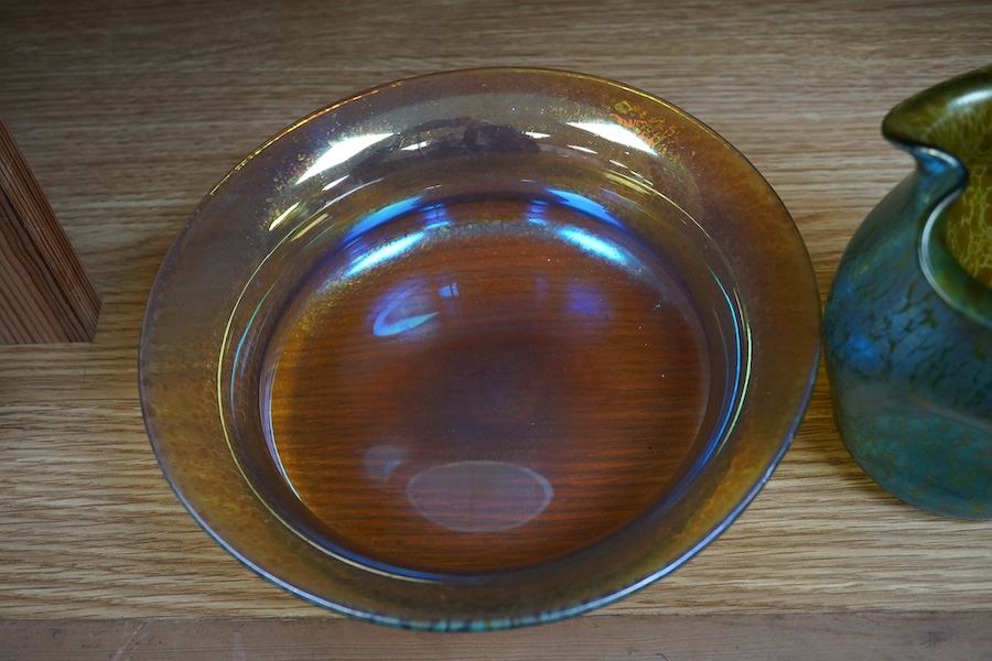 A Loetz Creta Papillon pinched glass vase and a similar dish, largest 21cm diameter. Condition - good